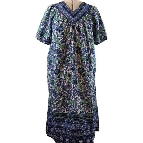 Vermont Country Store 100% Cotton Blue Green White Floral Patio Dress Size M - Picture 1 of 7